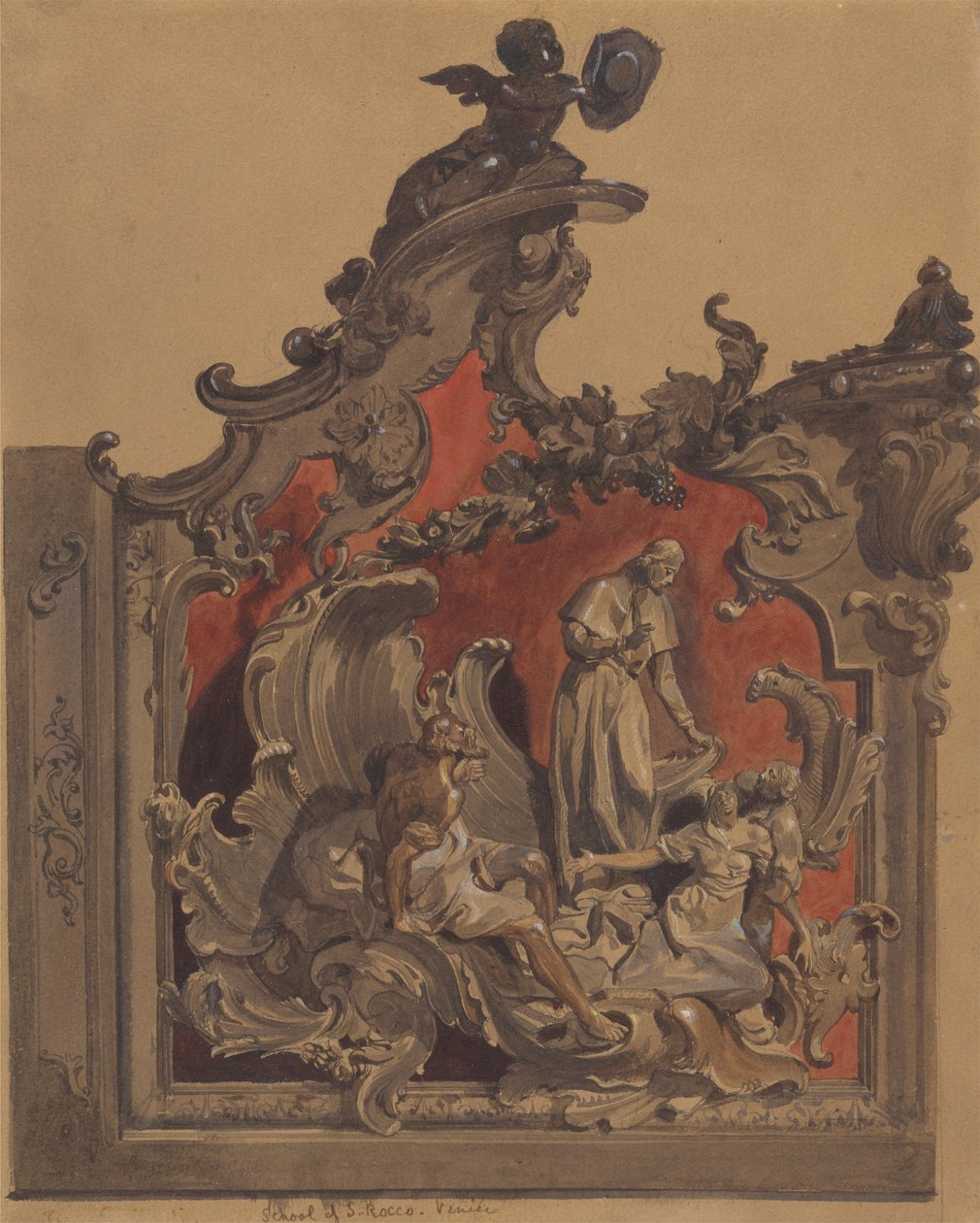 School of San Rocco, Venedig: Studie til buet dekoration (pen & blæk, wc og kropsfarve over blyant på papir) af Thomas Hartley Cromek