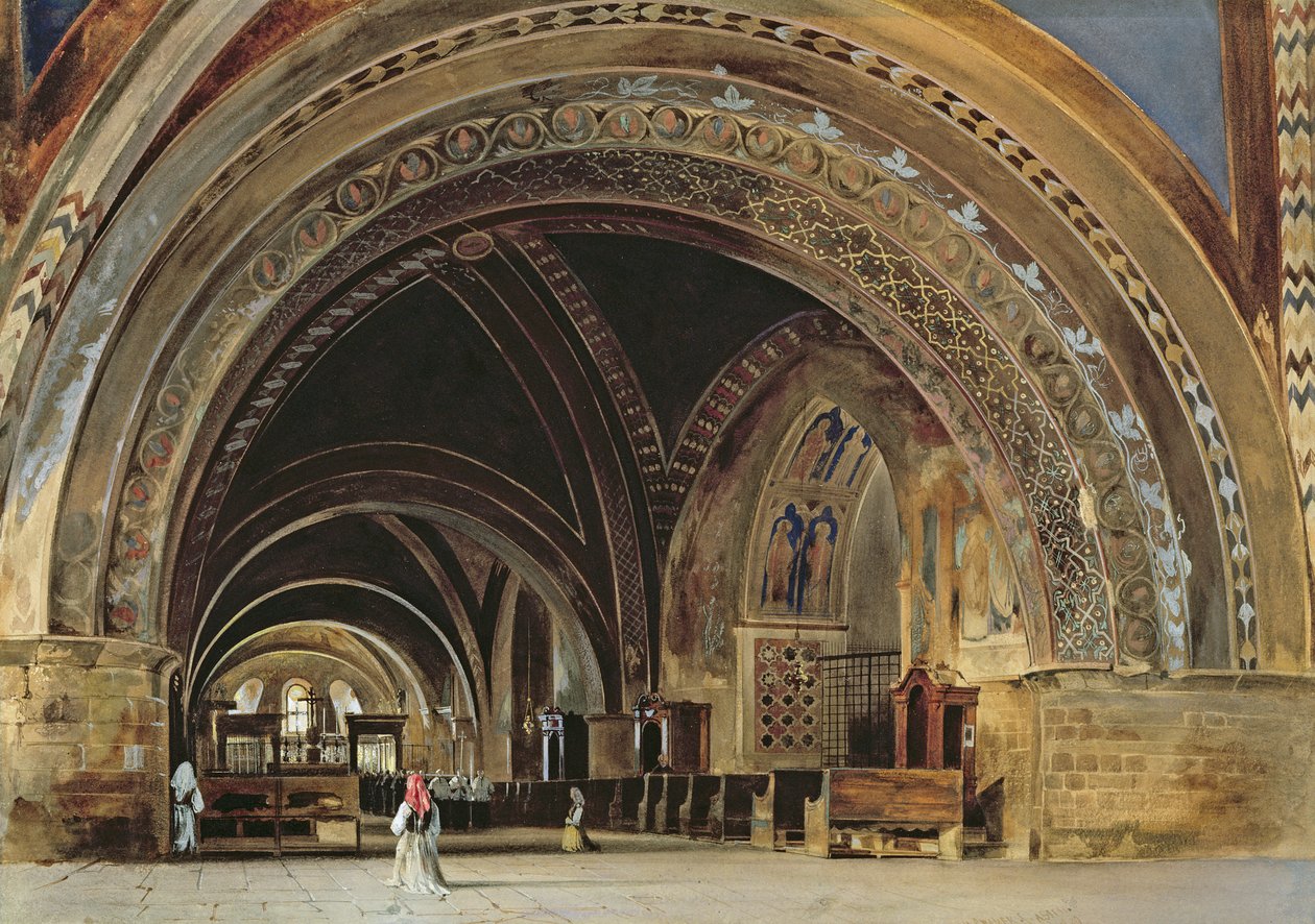 Det indre af den nedre basilika af St. Frans af Assisi, 1839 (wc und gouache med gummi arabicum) af Thomas Hartley Cromek