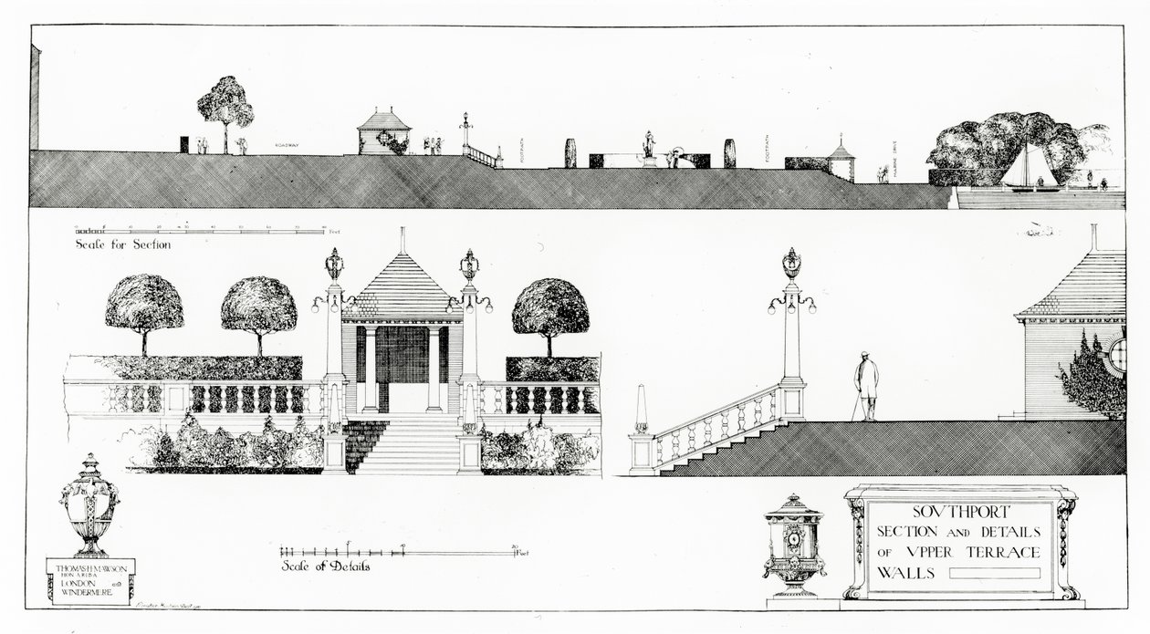 Southport: Sektion og detaljer om Upper Terrace and Walls, fra Thomas Mawsons 