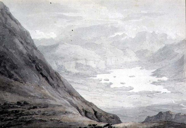 Derwentwater fra Skiddaw (blyant og akvarel på papir) af Thomas Hearne