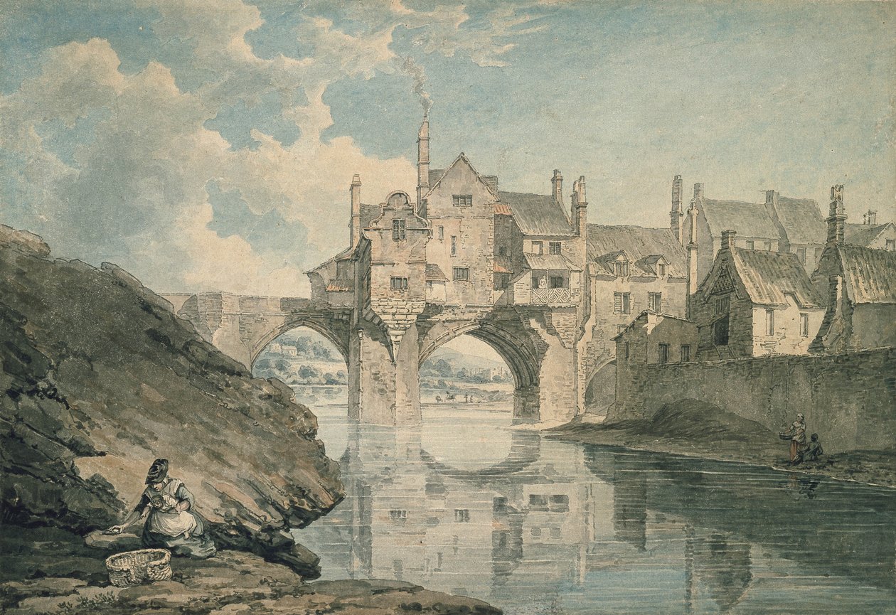 Elvet Bridge, Durham, 18. århundrede (wc og blyant på papir) af Thomas Hearne
