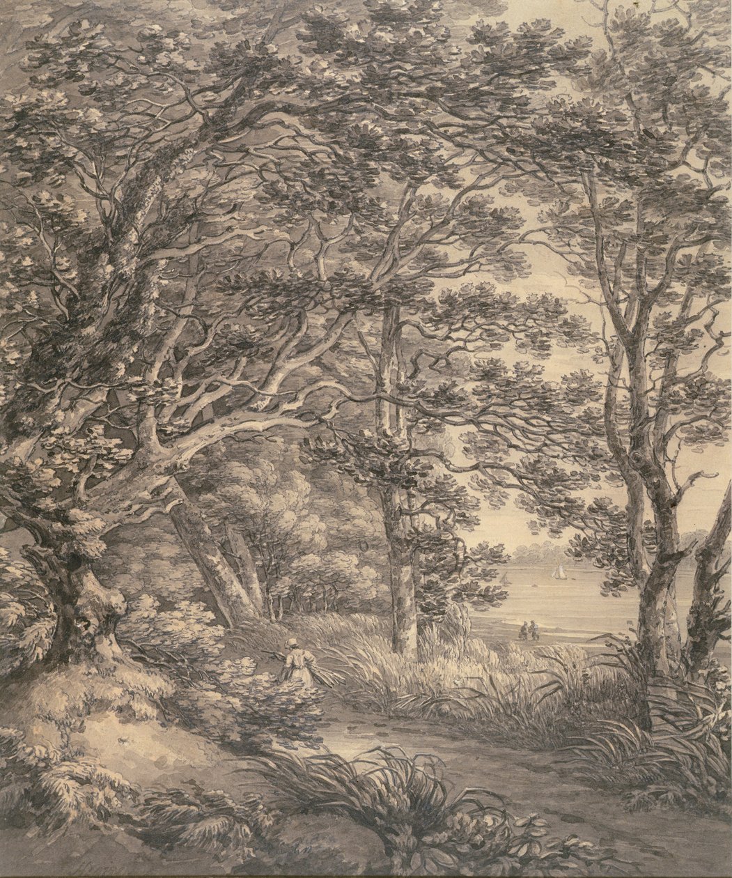 Flodlandskab med figurer (grå vask og grafit på papir) af Thomas Hearne