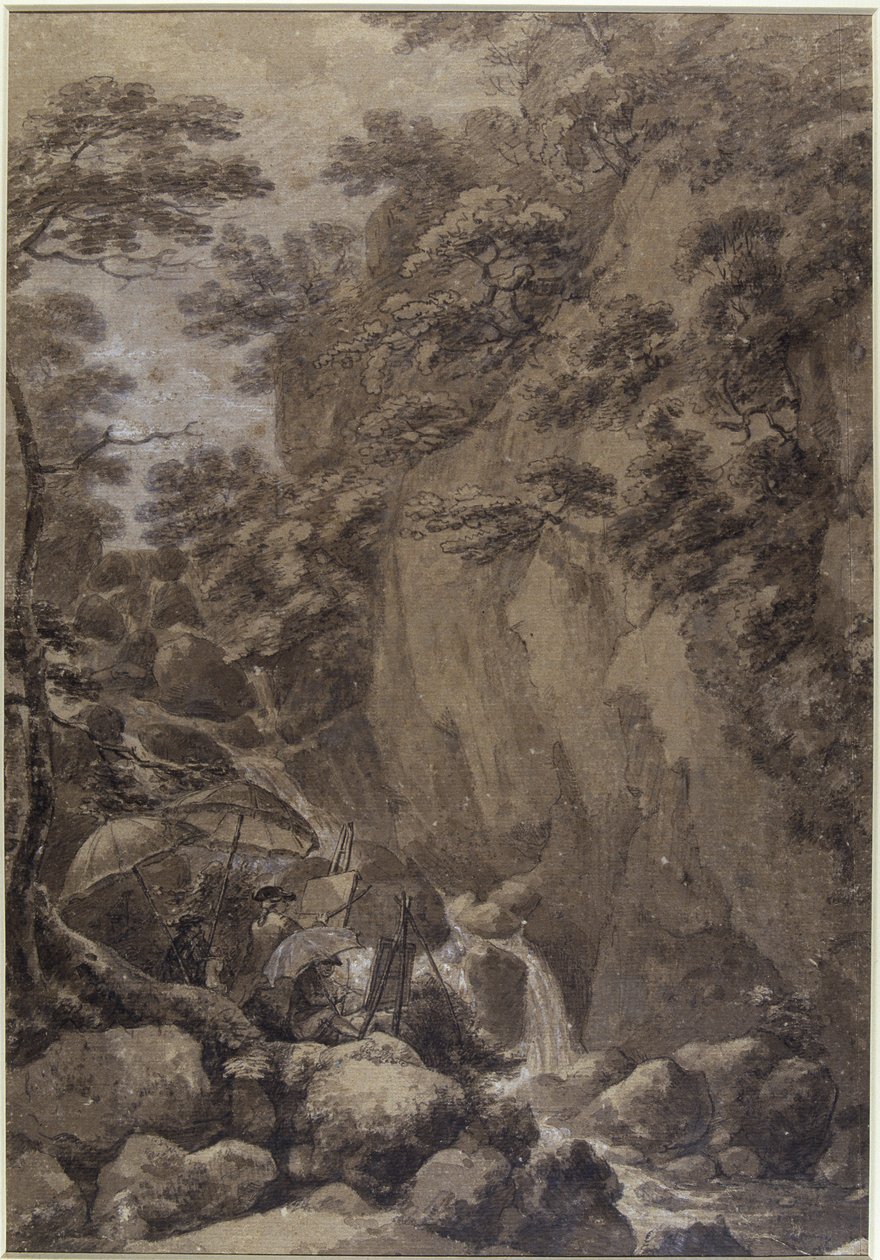Sir George Beaumont og Joseph Farington maler et vandfald, 1777 (pen og blæk med vask på papir) af Thomas Hearne