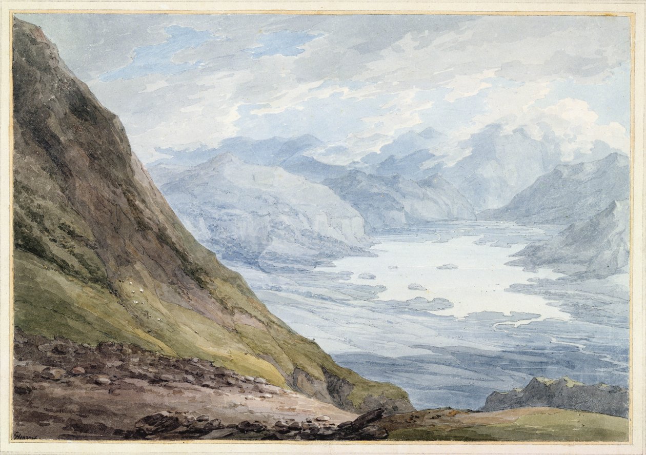 Udsigt fra Skiddaw over Derwentwater (wc over blyant på papir) af Thomas Hearne