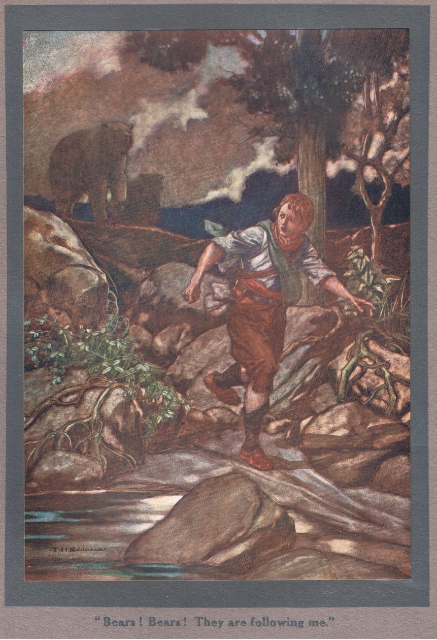 Bjørne! Bjørne! De følger efter mig (farvelitografi) af Thomas Heath Robinson
