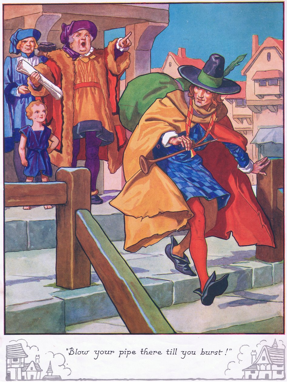 "Blæs i din pibe, indtil du sprænger!" (farvelitografi) af Thomas Heath Robinson