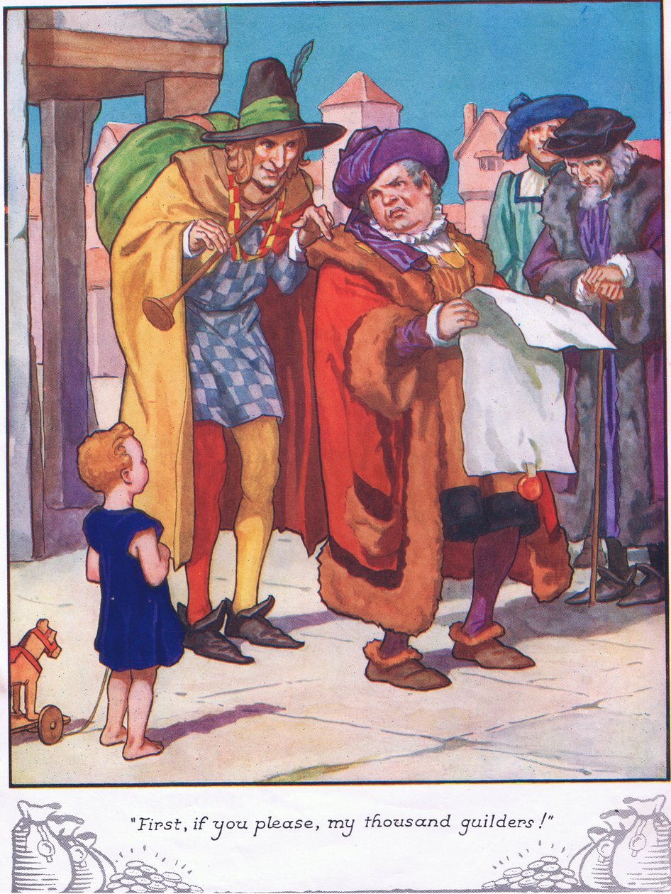 "Først, hvis du vil, mine tusind gylden" (farvelitografi) af Thomas Heath Robinson