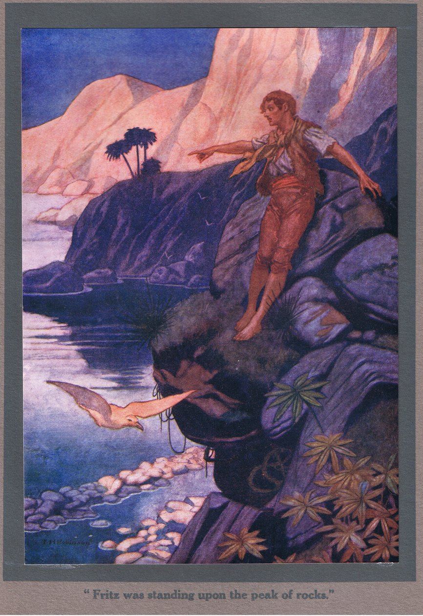 Fritz stod på toppen af klipperne (farvelitografi) af Thomas Heath Robinson