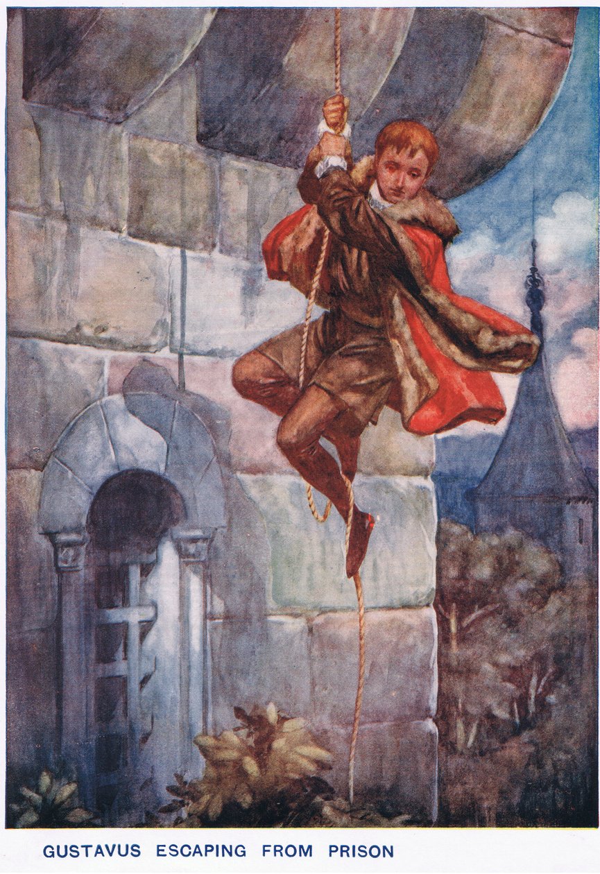 Gustavus flygter fra fængslet af Thomas Heath Robinson