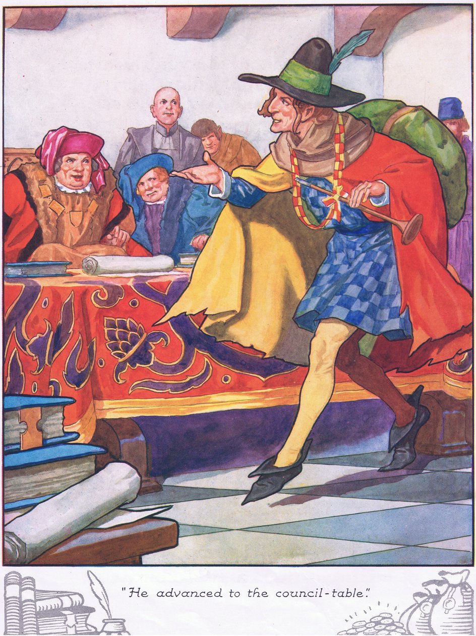 Han gik frem til rådsbordet (farvelitografi) af Thomas Heath Robinson