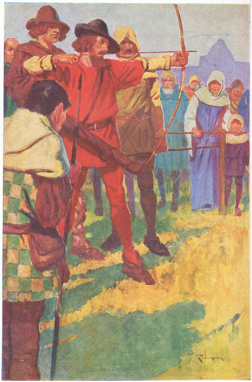 Han spændte buen i et kort øjeblik og løsnede så strengen (farvelitografi) af Thomas Heath Robinson