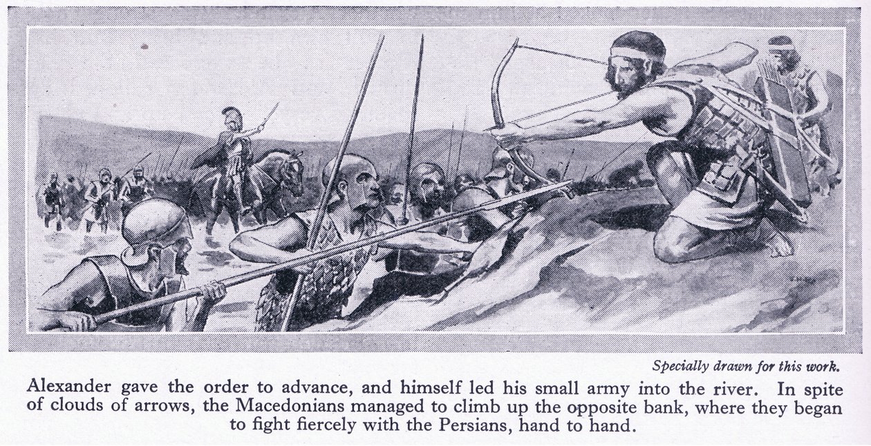 Hvordan Alexander vandt sit imperium: Darius, konge af Persien, samlede en stor hær, som blev besejret af makedonerne i 334 f.v.t., ca. 1950 (litografi) af Thomas Heath Robinson