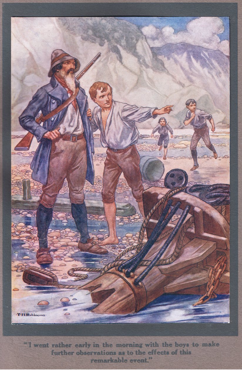 Jeg tog af sted ret tidligt om morgenen med drengene for at gøre yderligere observationer (farvelitografi). af Thomas Heath Robinson