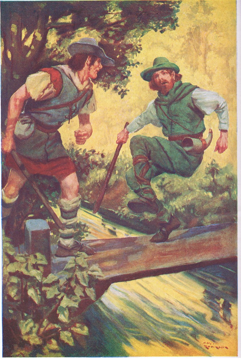 I et uheldigt øjeblik gled han på træpladerne (farvelitografi) af Thomas Heath Robinson