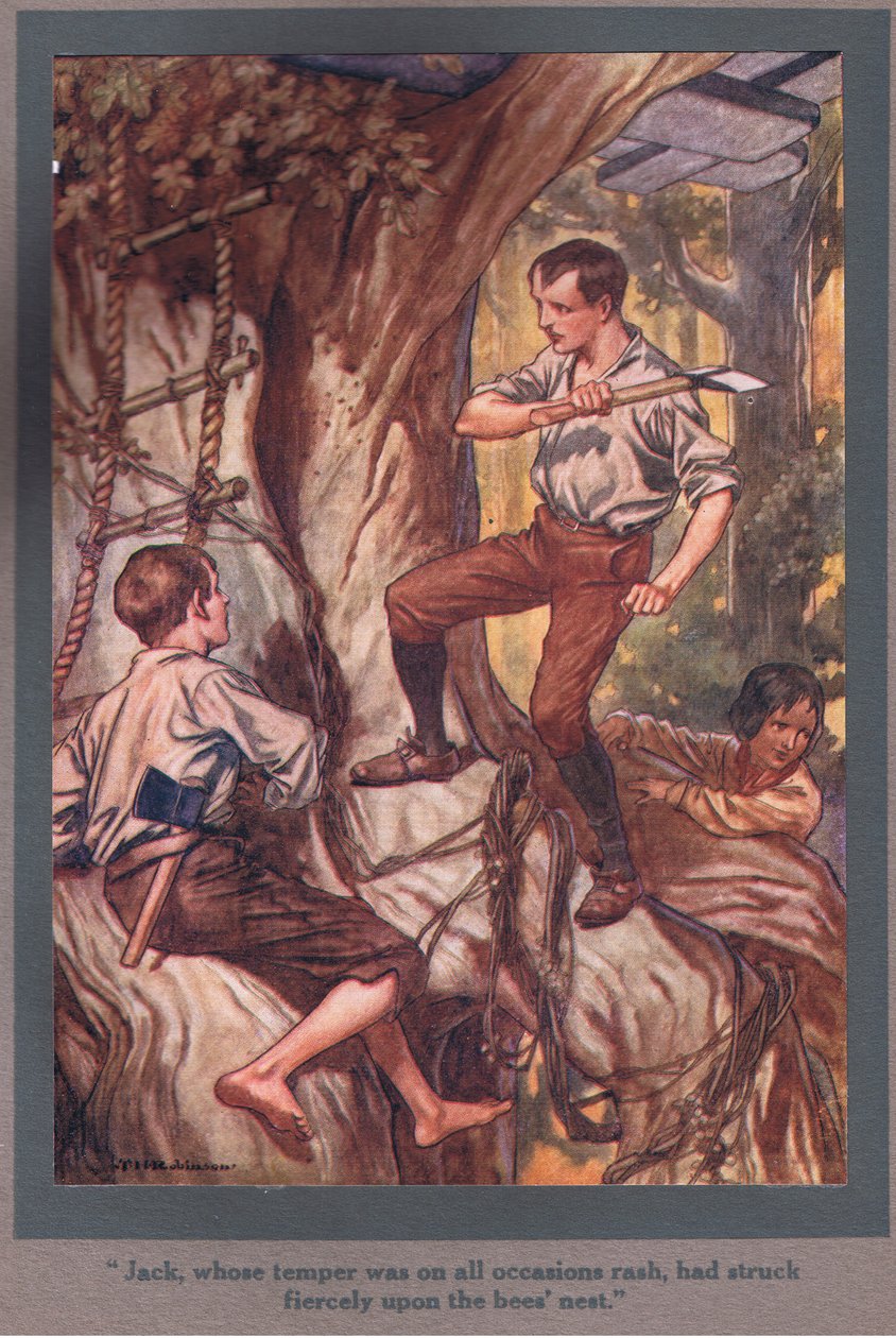 Jack, hvis temperament altid var overilet, havde slået voldsomt til mod biernes bo (farvelitografi) af Thomas Heath Robinson