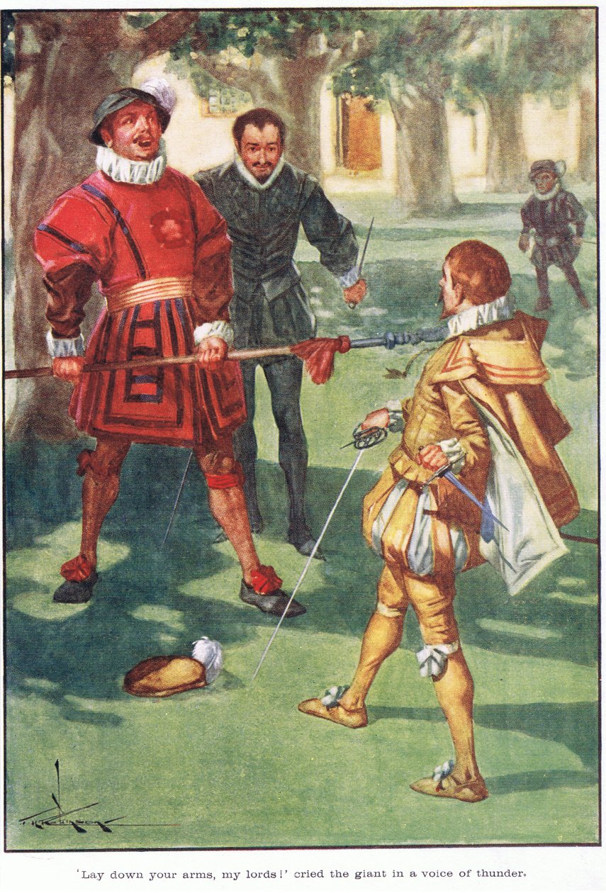 "Læg jeres våben, mine herrer!" råbte kæmpen med en tordenstemme (farvelitografi). af Thomas Heath Robinson