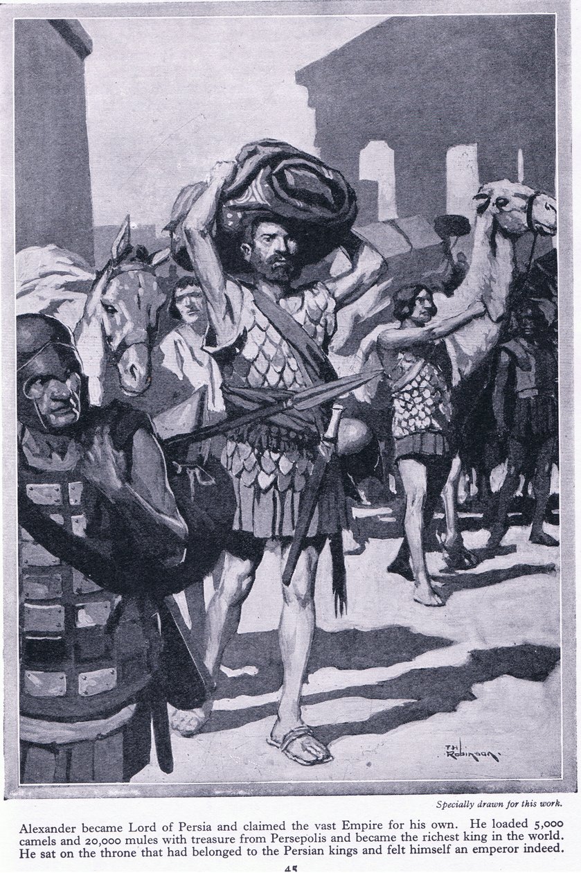 At plyndre en by for skatte: Alexander blev herre over Persien. Han læssede alle skattene fra Persepolis og blev meget rig, ca. 1950 (litografi) af Thomas Heath Robinson