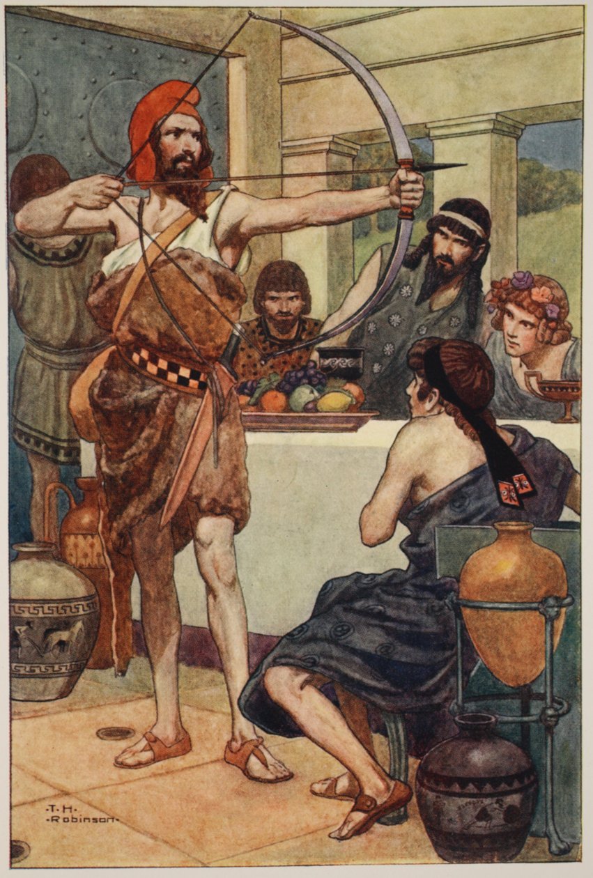 Odysseus straffer bejlerne (farvelitografi) af Thomas Heath Robinson