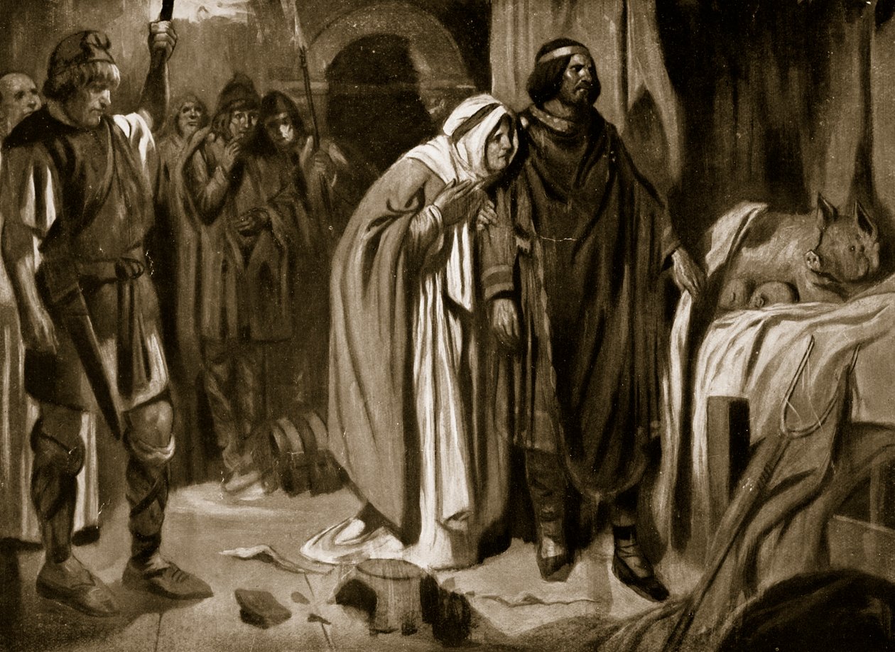 Dronning Ethelburga overtaler Ine af Wessex til at opgive kronen, 728, illustration fra 