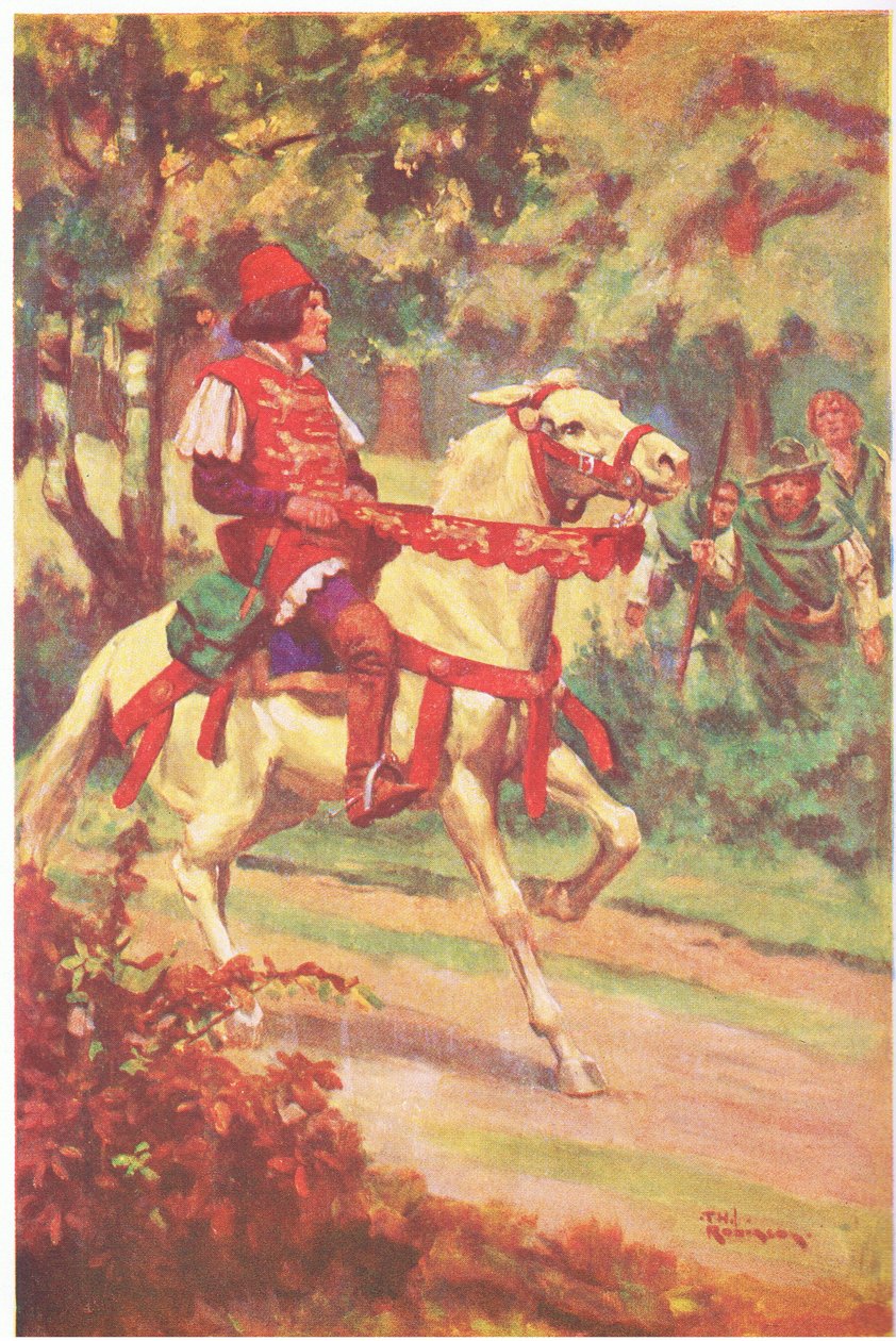 Robin og hans ledsager så mester Patrington komme ridende mod dem (farvelitografi) af Thomas Heath Robinson