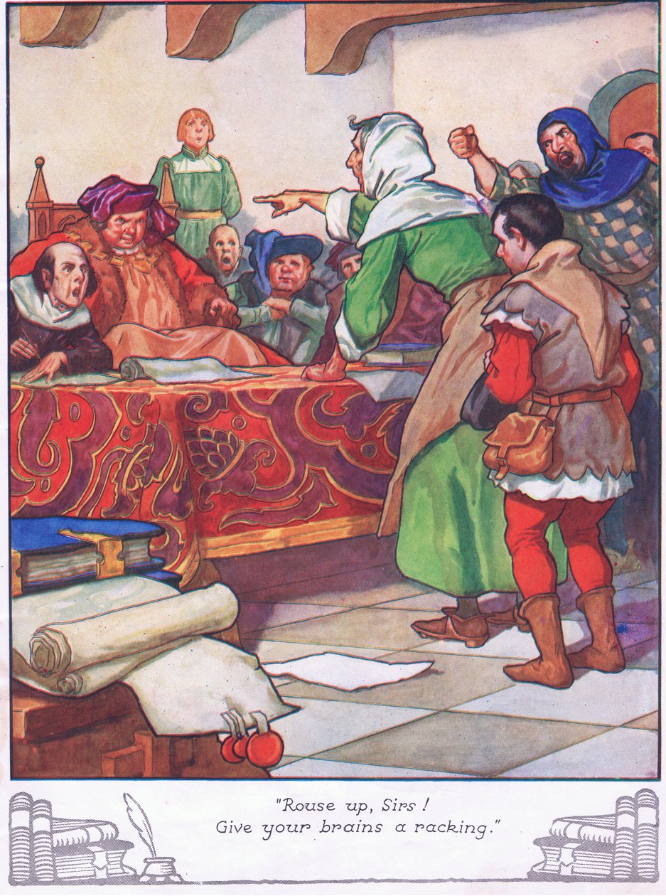 "Rejs jer op, mine herrer! Giv jeres hjerner en omgang". (farvelitografi) af Thomas Heath Robinson