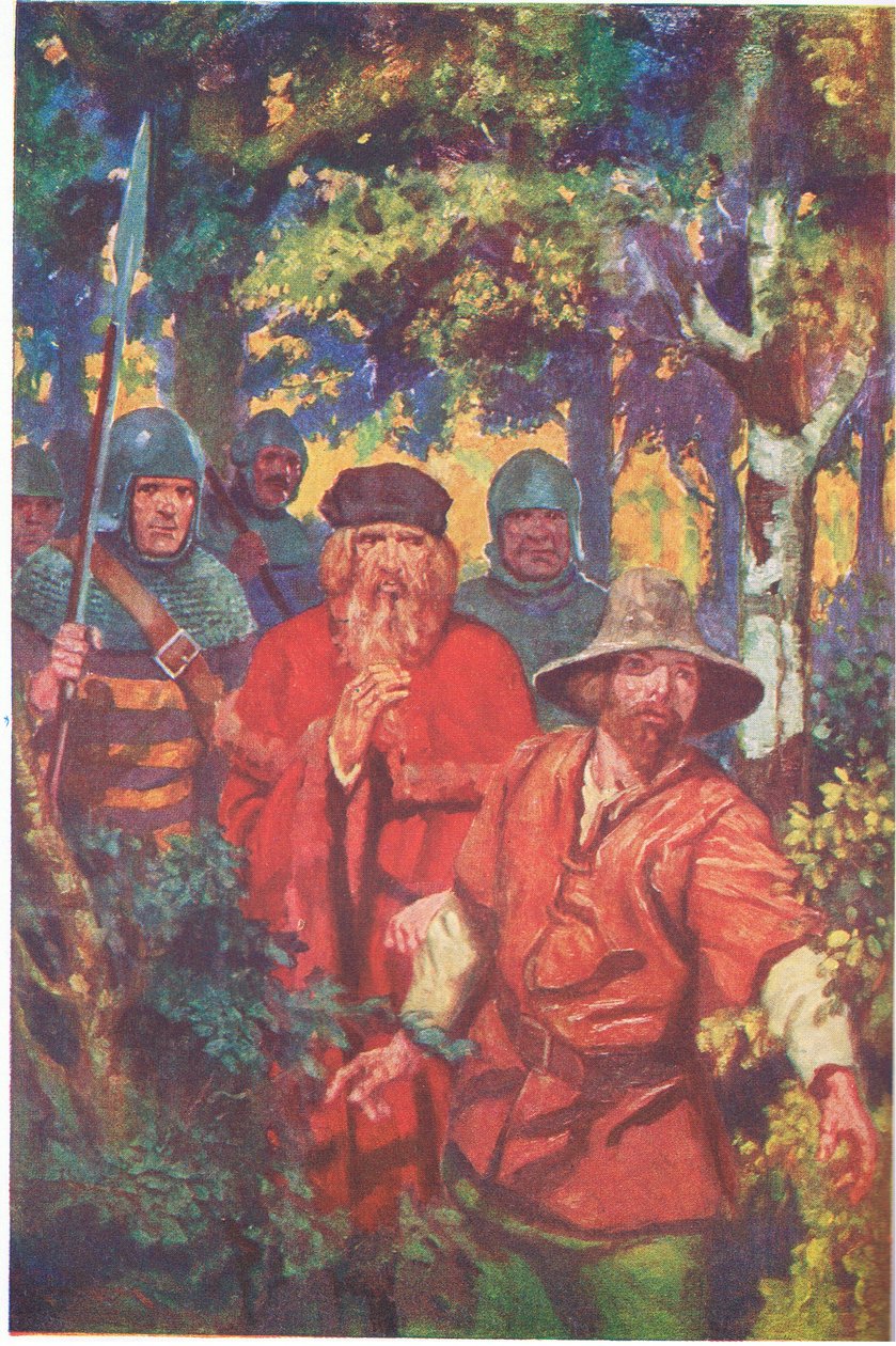 Sheriffen med sit følge holdt sig tæt i hælene på Robin (farvelitografi) af Thomas Heath Robinson