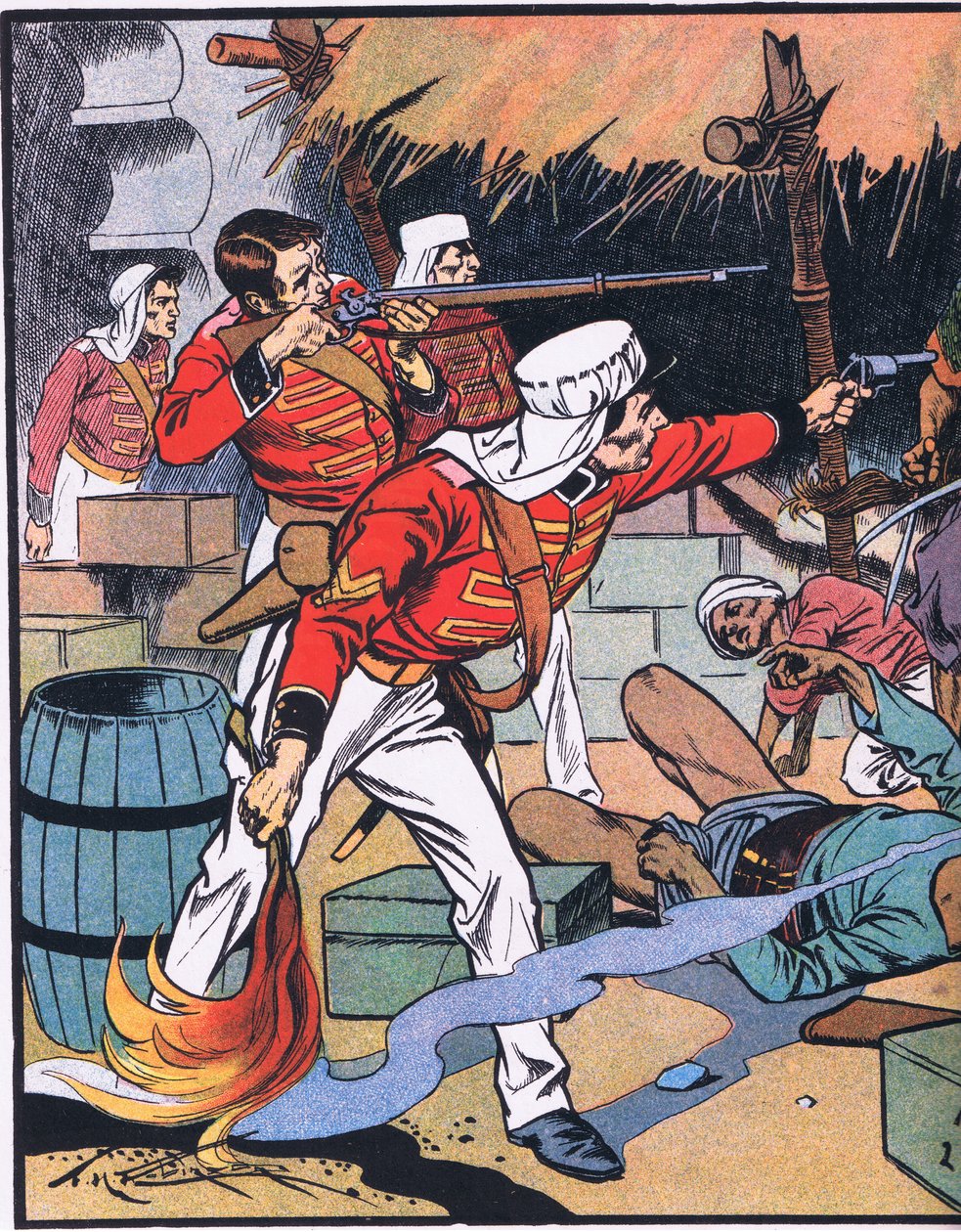 Ødelæggelsen af magasinet i Delhi (farvelitografi) af Thomas Heath Robinson