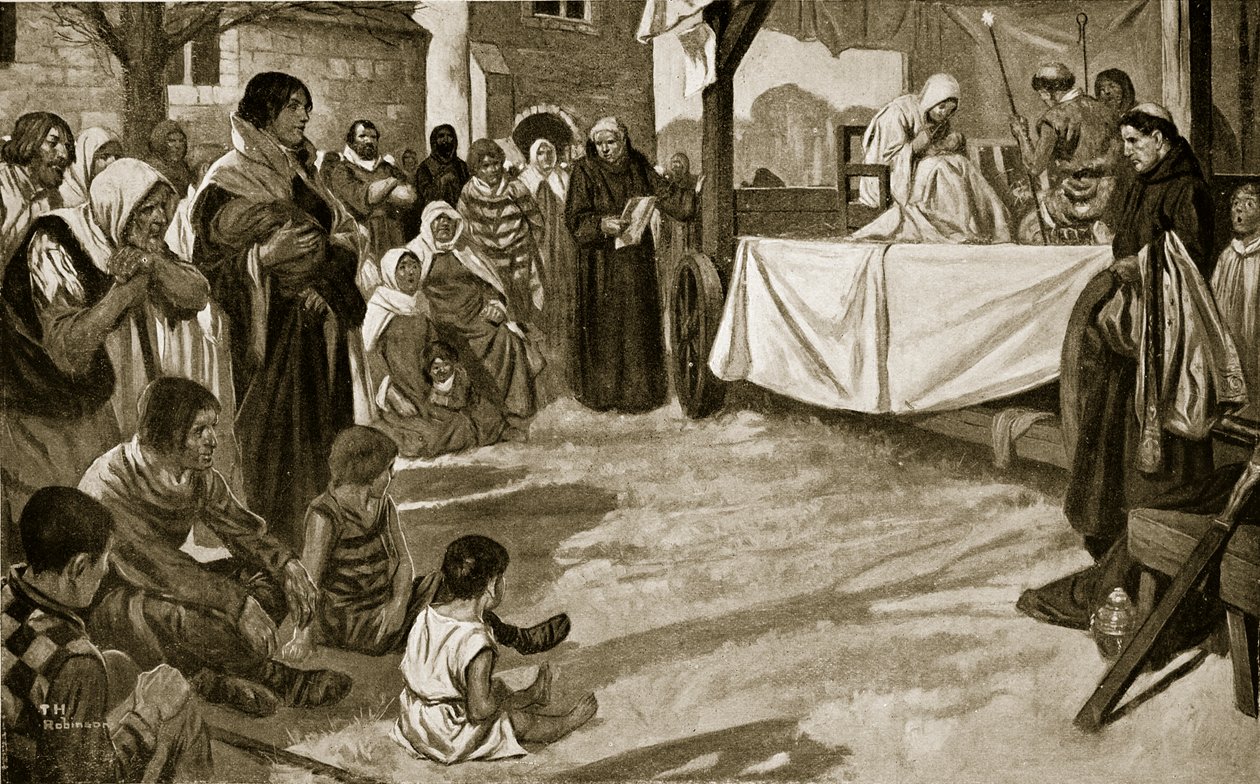 Opførelsen af et tidligt mysteriespil, illustration fra 