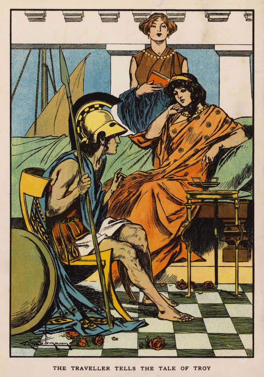 Den rejsende fortæller historien om Troja (farvelitografi) af Thomas Heath Robinson