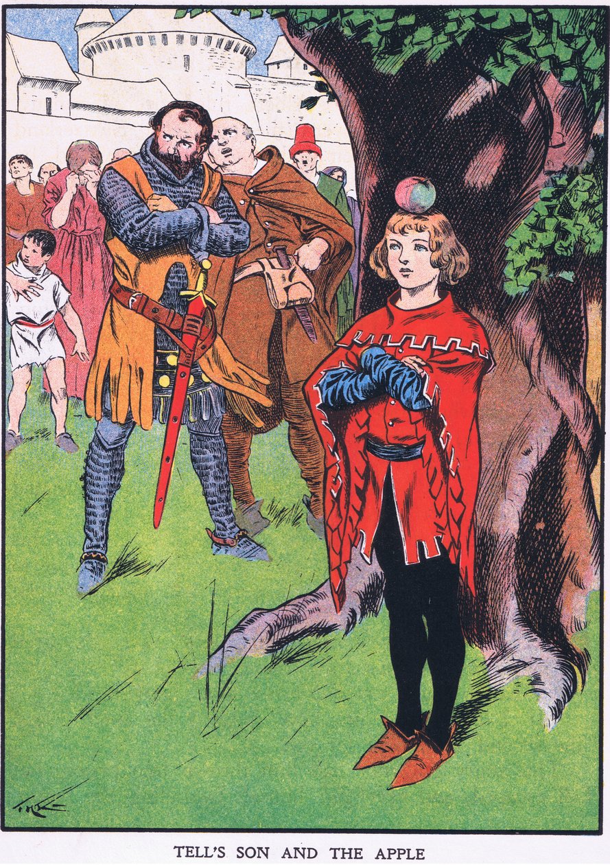 Wilhelm Tells søn og æblet (farvelitografi) af Thomas Heath Robinson