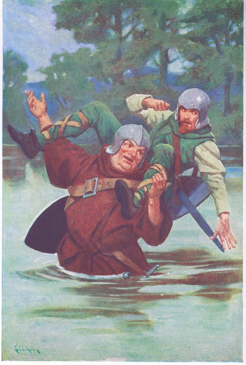 Med et træk fra sine store hænder sendte han den fredløse ud i strømmen (farvelitografi) af Thomas Heath Robinson
