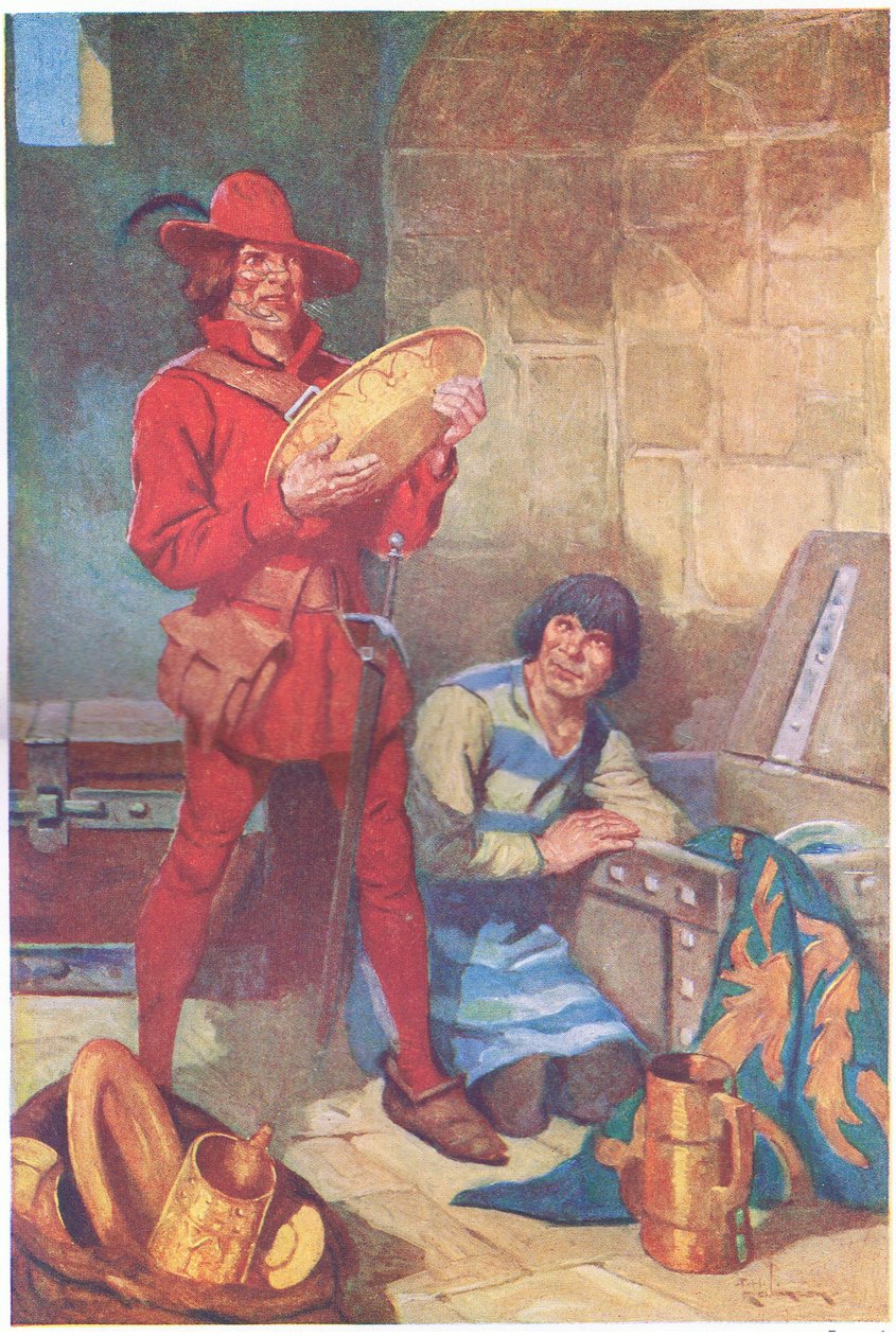Uden at miste tid gennemrodede de to sheriffens lager af plader (farvelitografi). af Thomas Heath Robinson