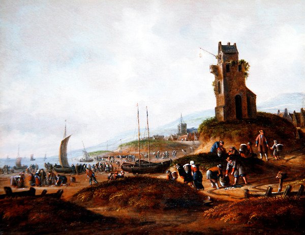 Udsigt over Scheveningen, med fiskere, der sælger deres fangst af Thomas Heeremans