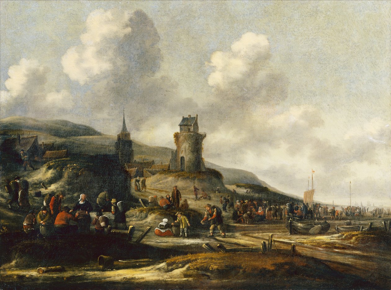 Udsigt over Scheveningen med fiskere, der sælger deres fangst af Thomas Heeremans