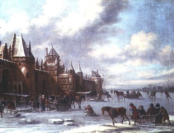 Hollandsk flodmundingsscene med kunstskøjteløb og et slot bagved af Thomas Heeremans