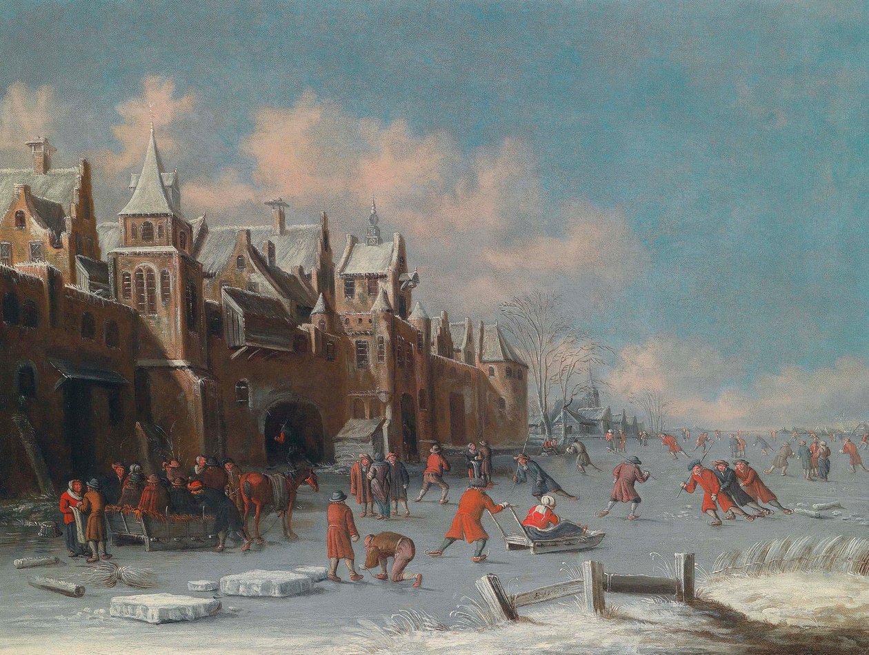 Skøjteløbere på isen uden for portene til en hollandsk by af Thomas Heeremans