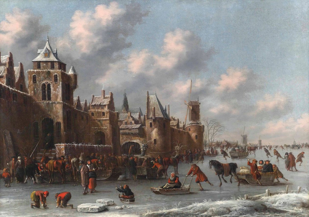 Vinterlandskab med figurer, der skøjter og kælker på en frossen voldgrav ved en befæstet by af Thomas Heeremans