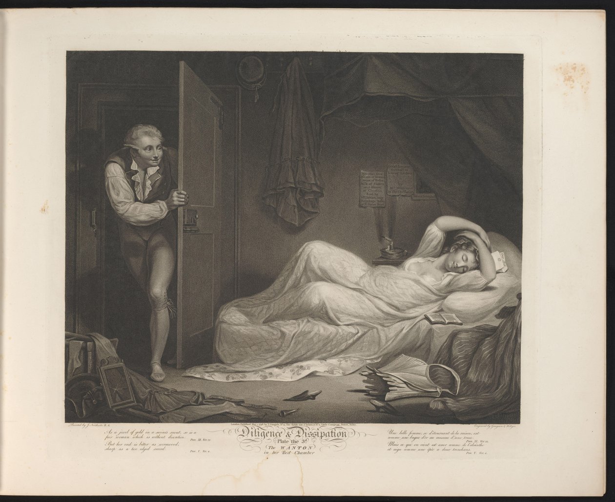Udsvævende stuepige sover, mens en mand sniger sig ind Plade 3. The Wanton in the Bed Chamber (titel på objekt) Dyd og udskejelser (serietitel) Diligence & Dissipation (serietitel på objekt) af Thomas Hellyer