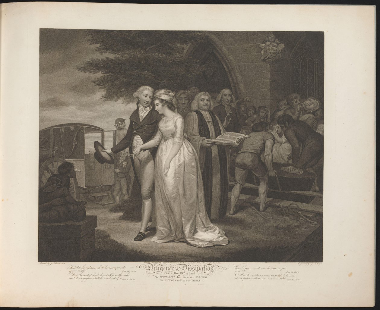 Nygift beskeden tjenestepige går hen til en vogn, mens den urolige tjenestepige bliver begravet Plade 10. The Good Girl Married to her Master / The Wanton laid in her Grave (titel på objektet) Dyd og udskejelser (serietitel) Diligence af Thomas Hellyer