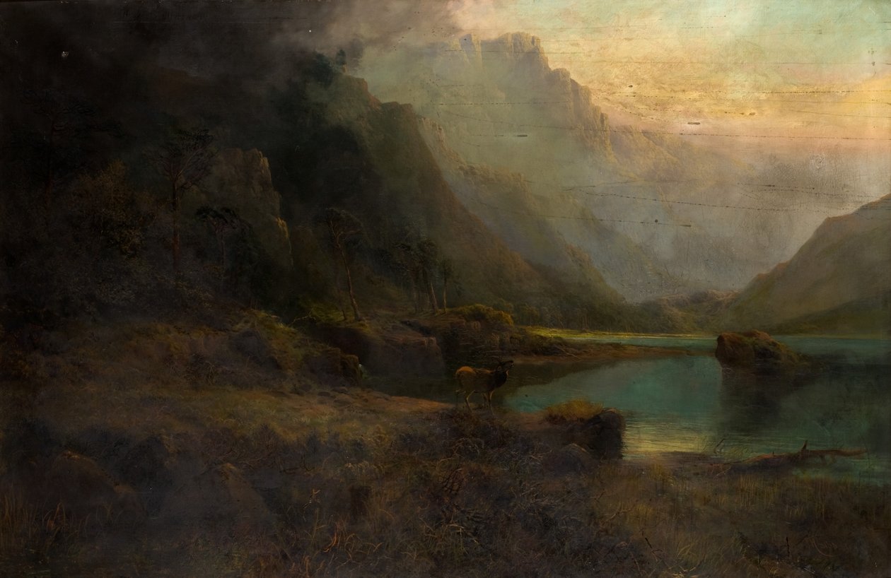 Highland Loch med Stag af Thomas Henry Gibb
