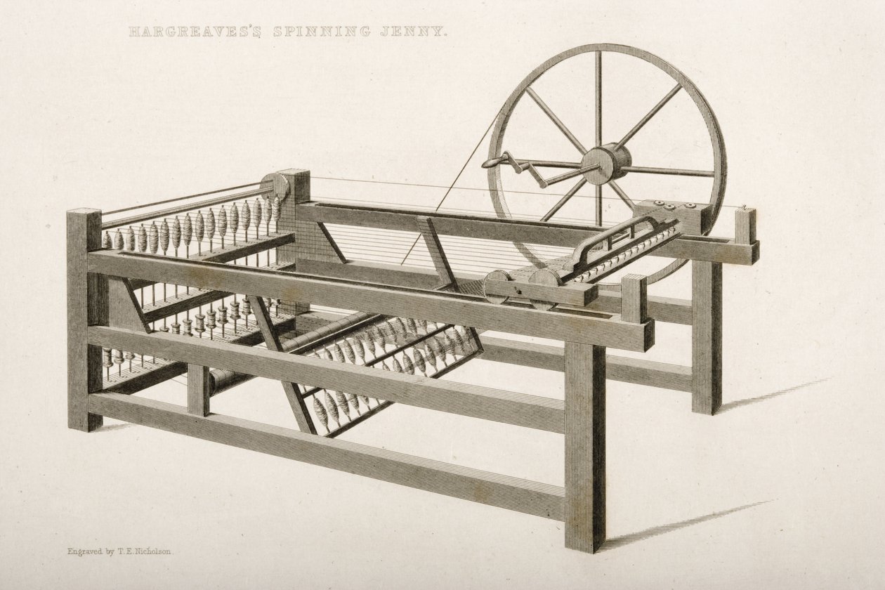 Spinning Jenny, opfundet af James Hargreaves i 1764, 1835 af Thomas Henry Nicholson
