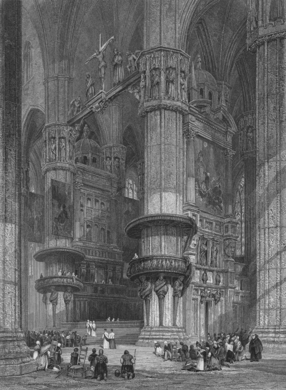 Det indre af Milanos katedral, med udsigt mod højalteret, 1844. af Thomas Higham
