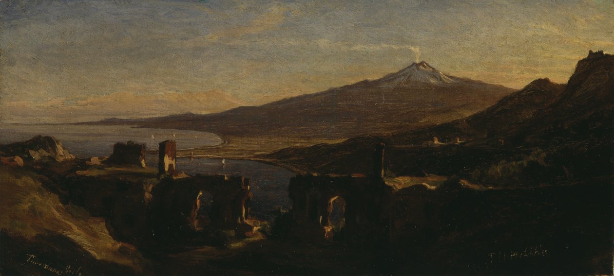 Udsigt fra ruinerne af det græske teater i Taormina, Sicilien, med Etna-bjerget (ryger) af Thomas Hiram Hotchkiss