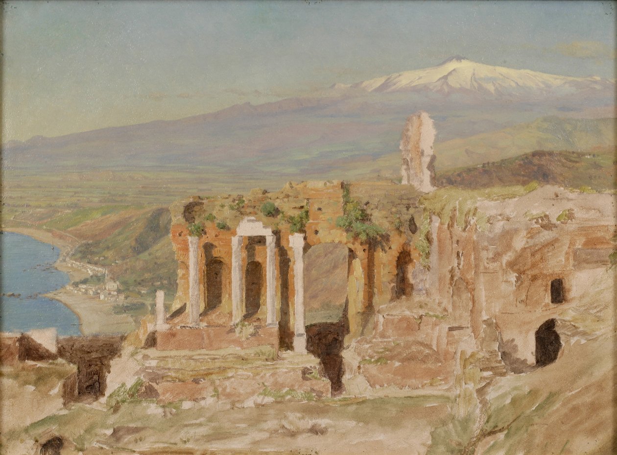 Udsigt over ruinerne af det græske teater ved Taormina og Etna, Sicilien af Thomas Hiram Hotchkiss