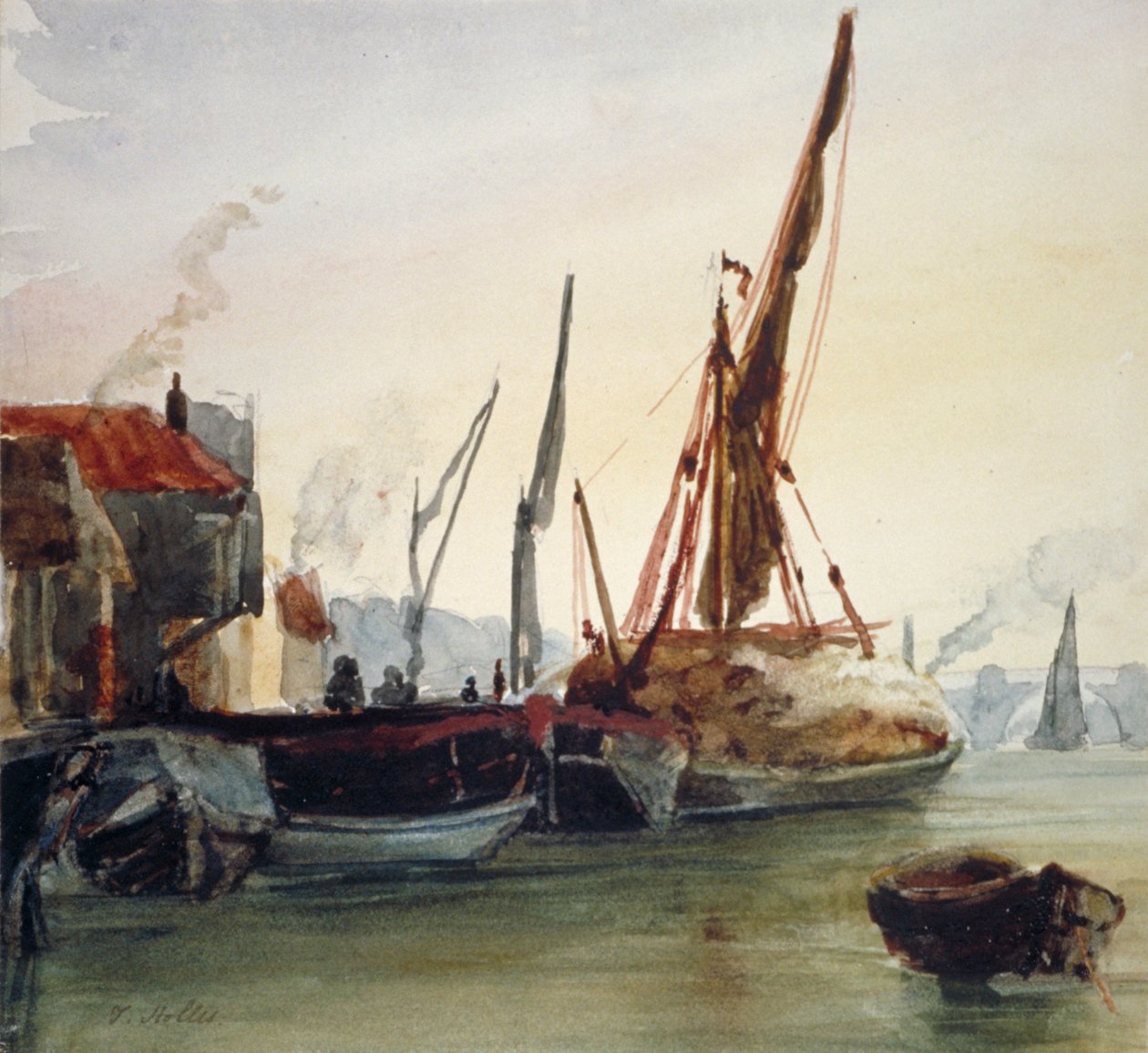 Udsigt over både fortøjet ved Themsen ved Bankside, Southwark, London, c1830. af Thomas Hollis