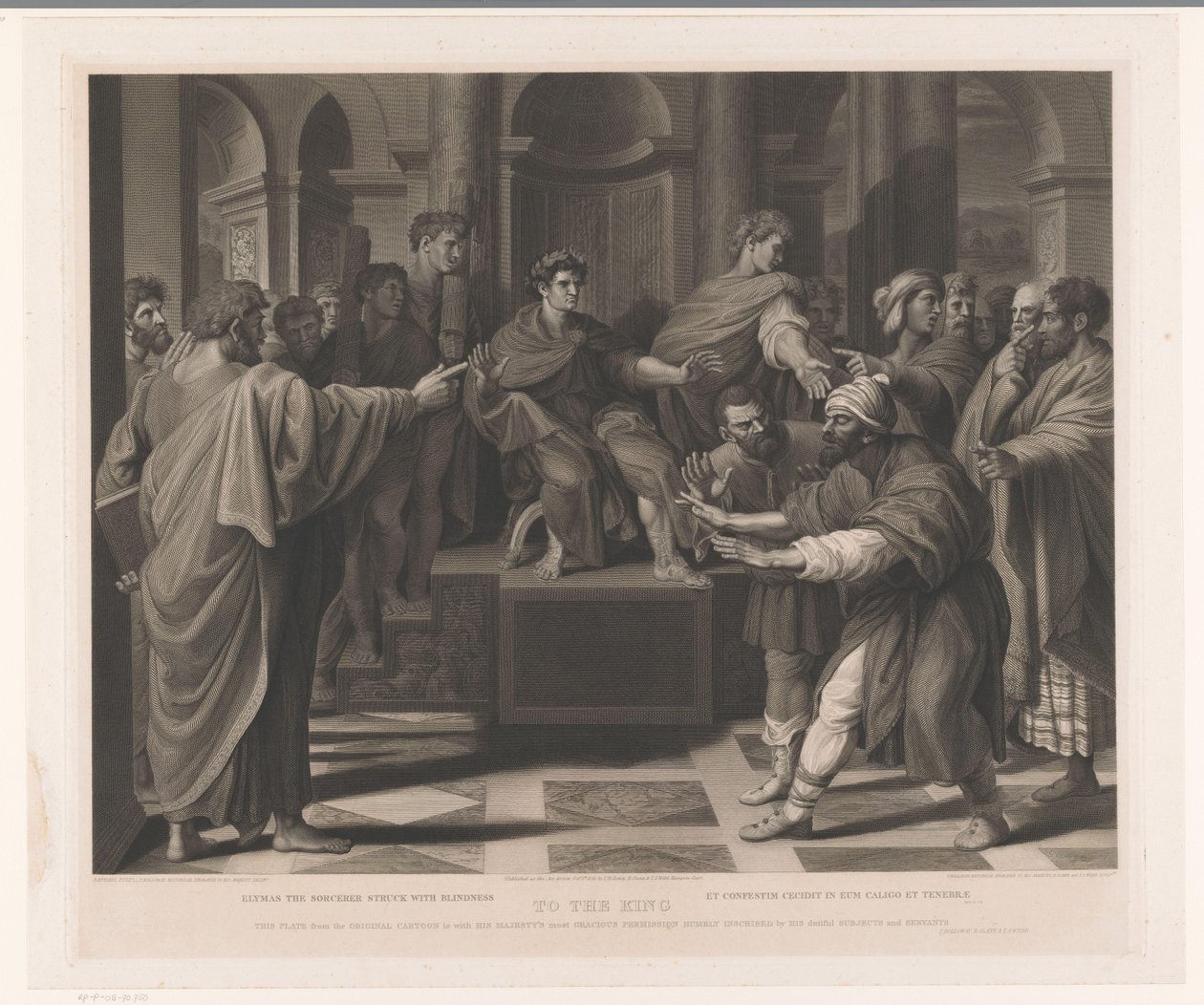 Elymas blev ramt af blindhed af Paulus Troldmanden Elymas slog med blindhed (titel på objektet) Tryk efter Raphael (serietitel) The Raphael Cartoons (serietitel) af Thomas Holloway