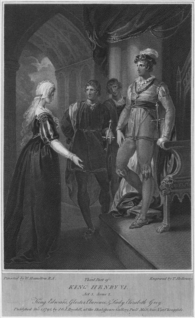 Tredje del af kong Henrik VI. Akt 3. Scene 2. King Edward, Gloucester, Clarence & Lady Elizabeth Gre af Thomas Holloway