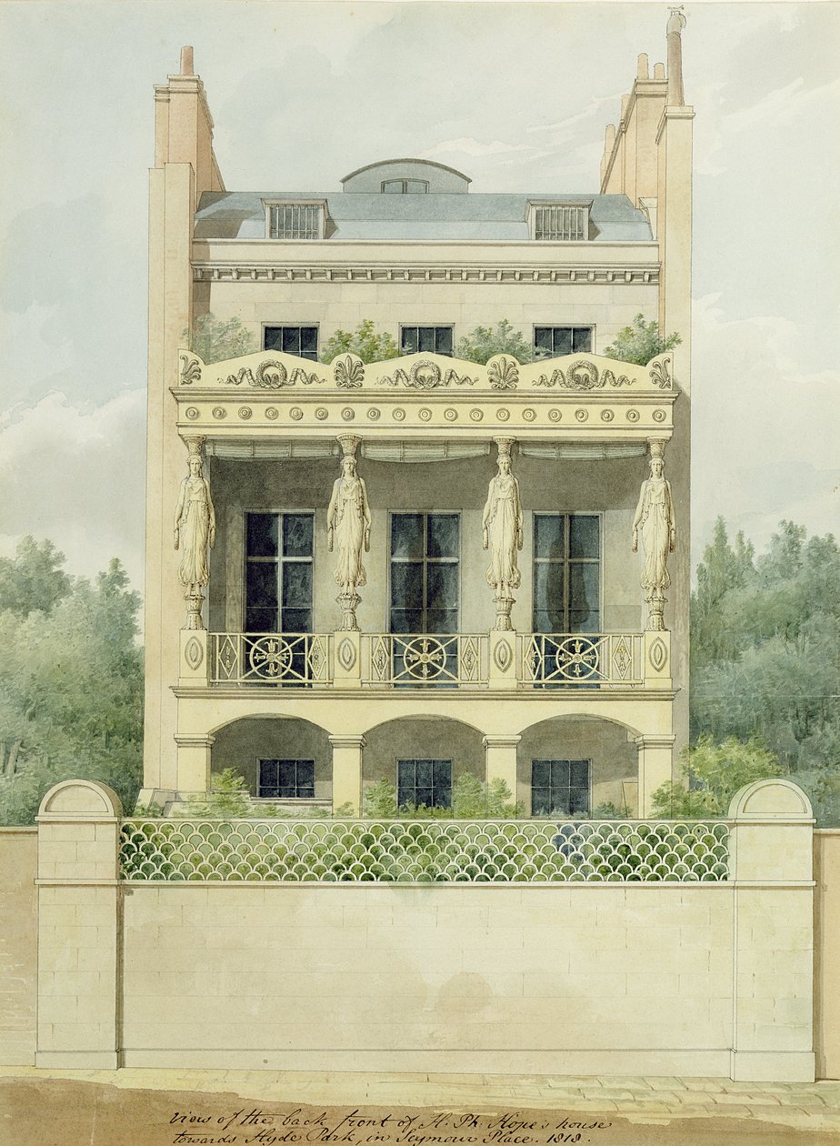 Udsigt over bagsiden af Henry Phillip Hopes hus mod Hyde Park i Seymour Place, 1818 (pen & blæk og wc over grafit på papir) af Thomas Hope