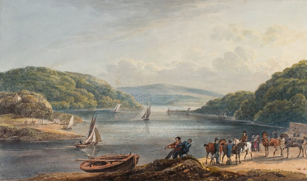 Briton Ferry, flod og kirke (akvarel og blyant på papir) af Thomas Hornor