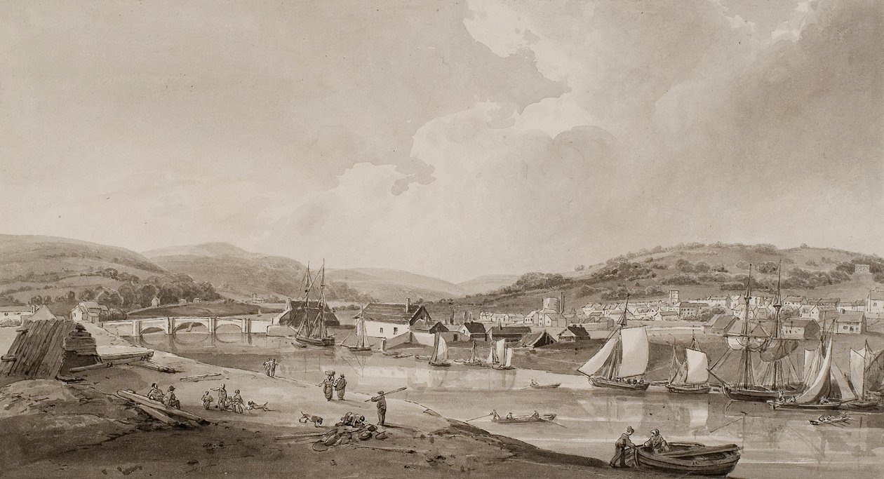Neath, fra den sydlige side af floden (akvarel og blyant på papir) af Thomas Hornor